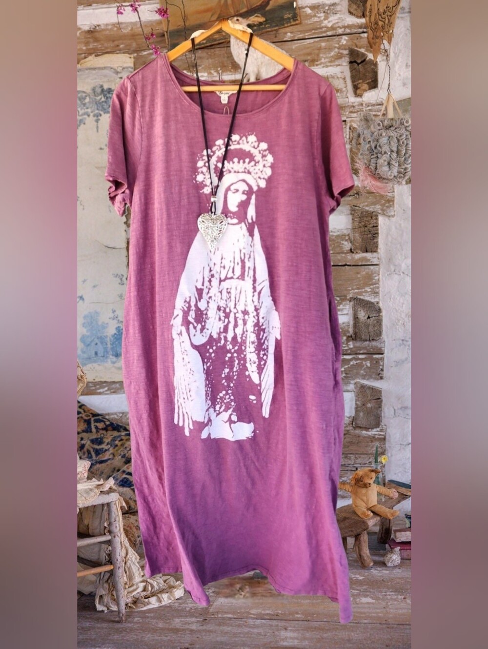 Magnolia Style Bohemian Peasant Graphic Long boho Cotton Dress with Pockets L NW